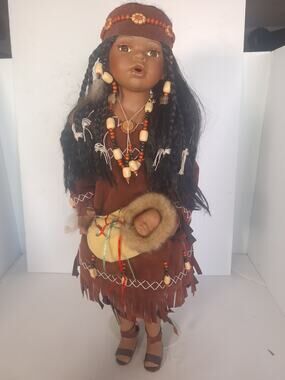 Vintage Native American Style Ceramic Mother & Baby Doll Faux Suede Beaded 23"